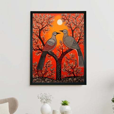 Pigeon Flight, Sunset Symphony: Sowpeace Handcrafted Canvas – Premium Indian-Inspired Art for Stylish Home Interiors