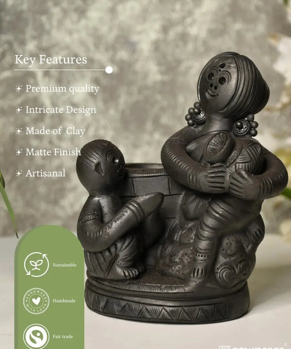 Black Terracotta Mother-Son Artisan Tabletop Decor for Home — image 4