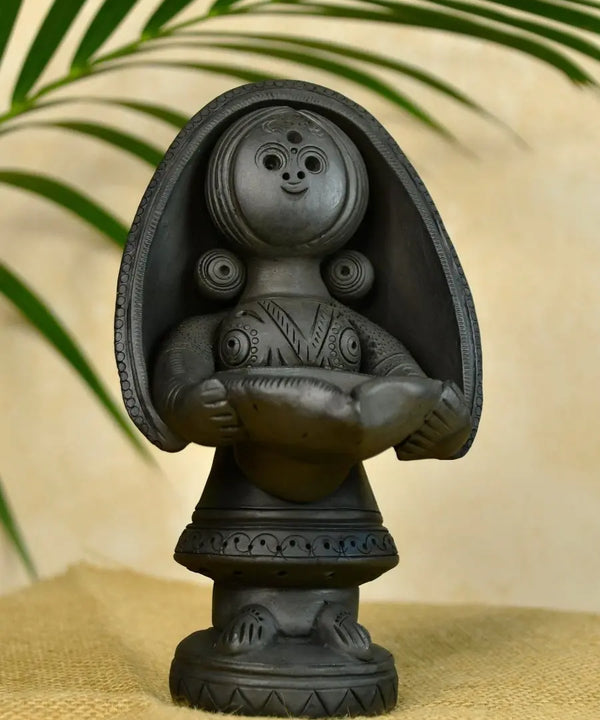 Black Terracotta Women with Diya Home Decor Masterpiece — main view