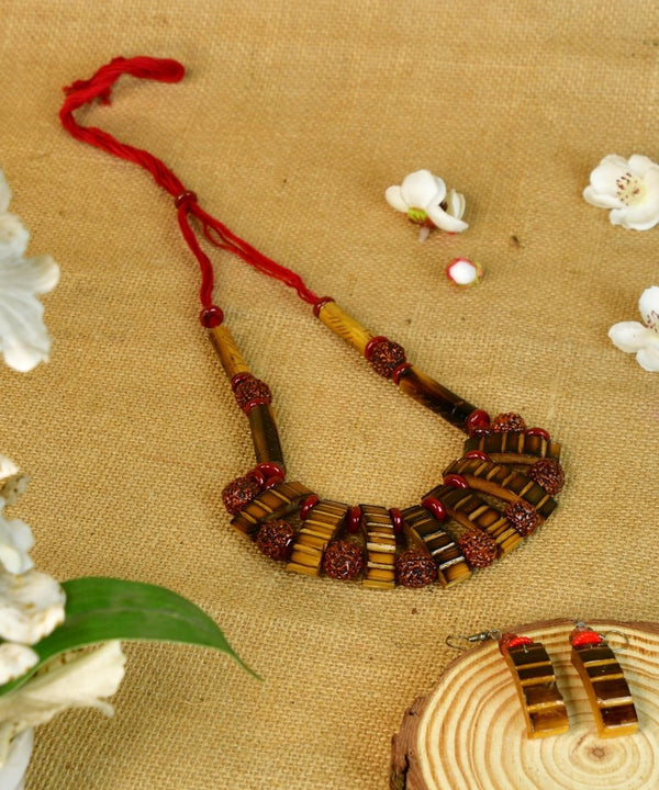 Handcrafted Bamboo & Rudraksha Necklace by Sowpeace - Reviving Indian Art — main view