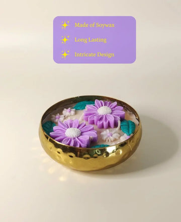 Handmade 12 cm Soy Wax Candle in Metal Pot – Multicolor Double Flowers, Yellow Center Accent — alternate view