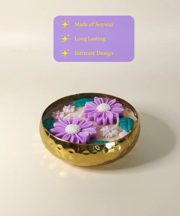Handmade 12 cm Soy Wax Candle in Metal Pot – Multicolor Double Flowers, Yellow Center Accent — image 2