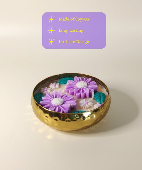 Handmade 12 cm Soy Wax Candle in Metal Pot – Multicolor Double Flowers, Yellow Center Accent — image 2