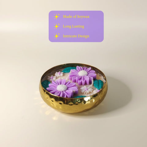 Handmade 12 cm Soy Wax Candle in Metal Pot – Multicolor Double Flowers, Yellow Center Accent
