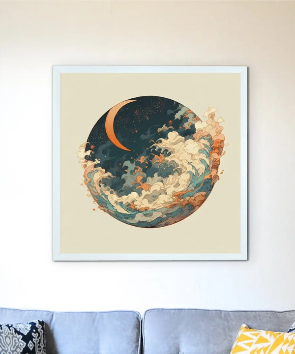 Sowpeace's Handcrafted Moon Over Earth Line Art – Premium Indian-Inspired Canvas Print for Contemporary Home Decoration — main view