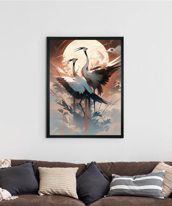 Sowpeace's Handcrafted Sarus Crane Abstract Sky Wall Art – Premium Set of 2, Indian-Inspired Canvas Prints for Modern Home Decor — image 2