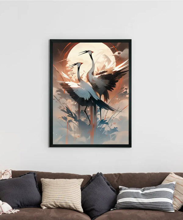 Sowpeace's Handcrafted Sarus Crane Abstract Sky Wall Art – Premium Set of 2, Indian-Inspired Canvas Prints for Modern Home Decor — image 2