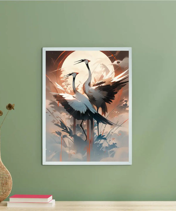Sowpeace's Handcrafted Sarus Crane Abstract Sky Wall Art – Premium Set of 2, Indian-Inspired Canvas Prints for Modern Home Decor — main view