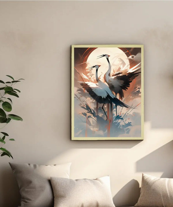 Sowpeace's Handcrafted Sarus Crane Abstract Sky Wall Art – Premium Set of 2, Indian-Inspired Canvas Prints for Modern Home Decor — image 4