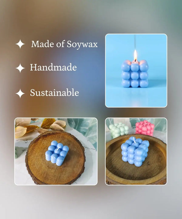 Sowpeace Bubble Blue Soywax Candle – Hand-Poured, Vegan, Unscented Decorative Cube (6×6×6 cm) — image 4