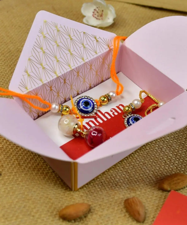 Sowpeace Exquisite Evil Eye Rakhi Pack of 2 with Roli Chawal and Greeting card combo for Raksha Bandhan and Gifting — image 3
