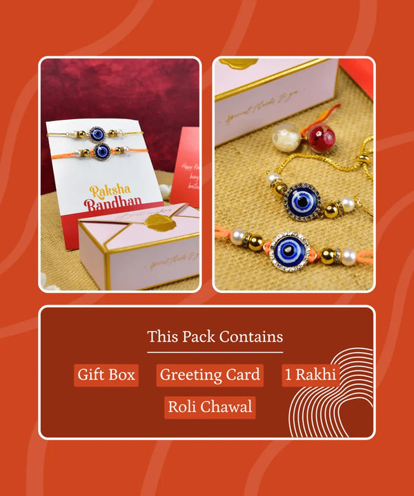 Sowpeace Exquisite Evil Eye Rakhi Pack of 2 with Roli Chawal and Greeting card combo for Raksha Bandhan and Gifting — image 6
