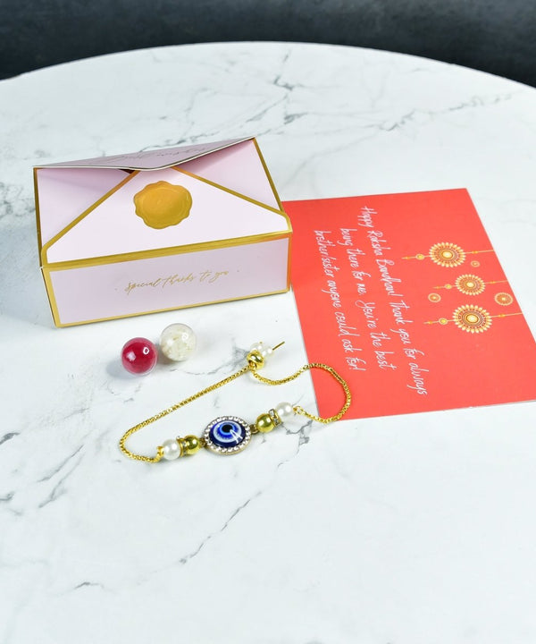 Sowpeace Exquisite Evil Eye Rakhi Pack of 2 with Roli Chawal and Greeting card combo for Raksha Bandhan and Gifting — main view