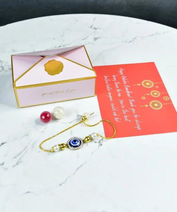 Sowpeace Exquisite Evil Eye Rakhi Pack of 2 with Roli Chawal and Greeting card combo for Raksha Bandhan and Gifting — main view