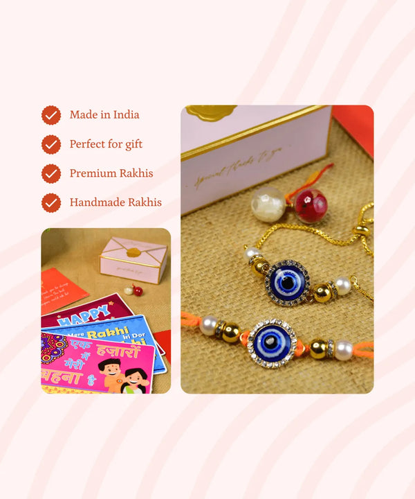 Sowpeace Exquisite Evil Eye Rakhi Pack of 2 with Roli Chawal and Greeting card combo for Raksha Bandhan and Gifting — image 5