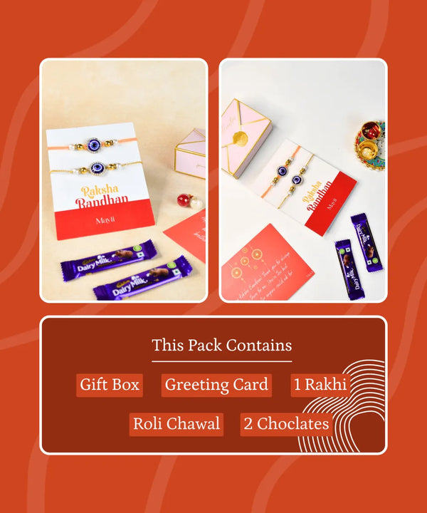 Sowpeace Exquisite Evil Eye Rakhi Pack of 2 with Roli Chawal and Greeting card combo for Raksha Bandhan and Gifting — image 7