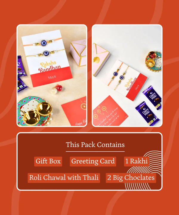 Sowpeace Exquisite Evil Eye Rakhi Pack of 2 with Roli Chawal and Greeting card combo for Raksha Bandhan and Gifting — image 8