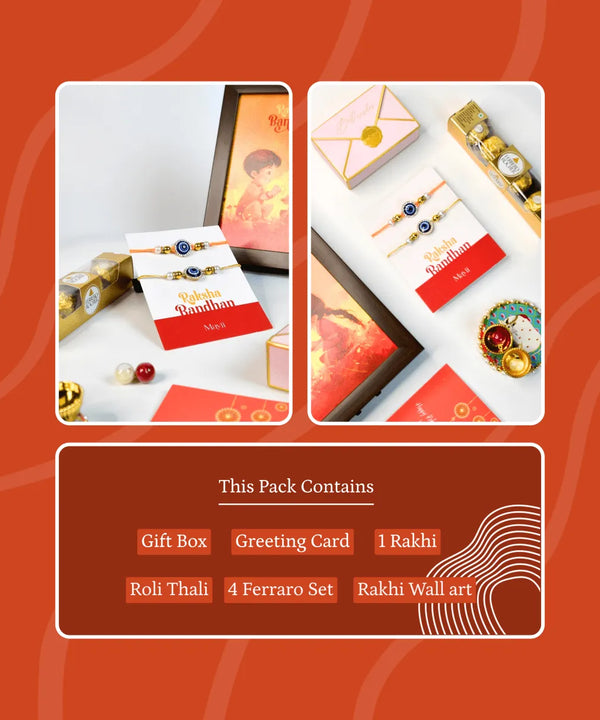 Sowpeace Exquisite Evil Eye Rakhi Pack of 2 with Roli Chawal and Greeting card combo for Raksha Bandhan and Gifting — image 11