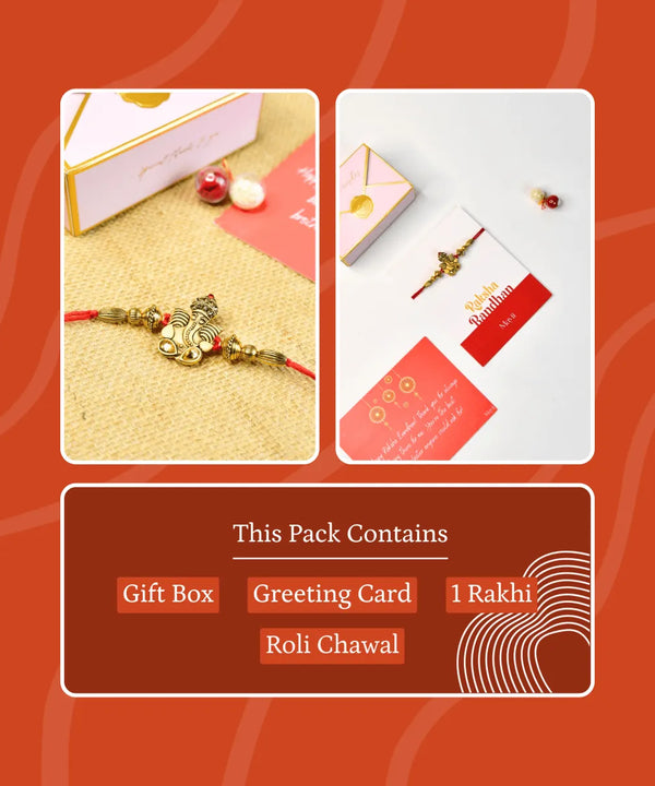 Sowpeace Exquisite Golden Ganesha Rakhi Pack of 1 with Roli Chawal and Greeting card combo for Raksha Bandhan and Gifting — main view