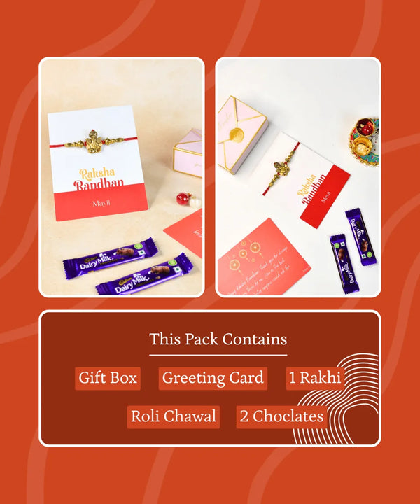 Sowpeace Exquisite Golden Ganesha Rakhi Pack of 1 with Roli Chawal and Greeting card combo for Raksha Bandhan and Gifting — image 2