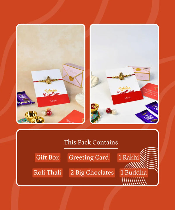 Sowpeace Exquisite Golden Ganesha Rakhi Pack of 1 with Roli Chawal and Greeting card combo for Raksha Bandhan and Gifting — image 4