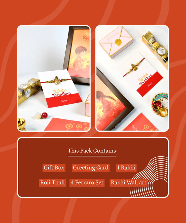 Sowpeace Exquisite Golden Ganesha Rakhi Pack of 1 with Roli Chawal and Greeting card combo for Raksha Bandhan and Gifting — image 6