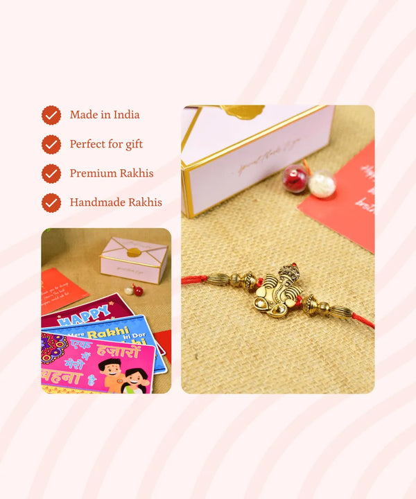 Sowpeace Exquisite Golden Ganesha Rakhi Pack of 1 with Roli Chawal and Greeting card combo for Raksha Bandhan and Gifting — image 9