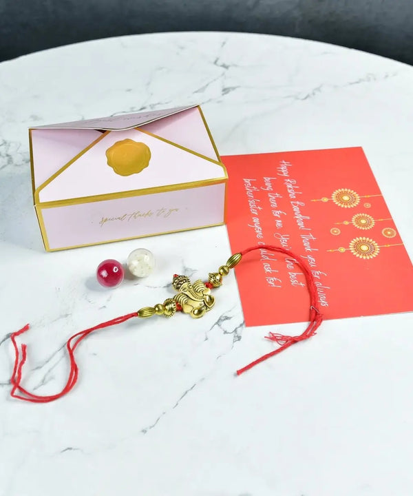 Sowpeace Exquisite Golden Ganesha Rakhi Pack of 1 with Roli Chawal and Greeting card combo for Raksha Bandhan and Gifting — image 8