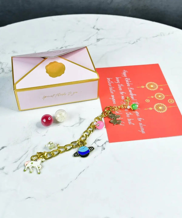 Sowpeace Exquisite Metal Abstract Rakhi Pack of 1 with Roli Chawal and Greeting card combo for Raksha Bandhan and Gifting — main view
