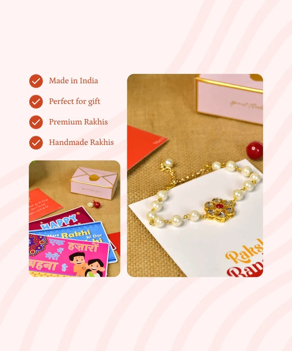 Sowpeace Exquisite Pearl Rakhi Pack of 1 with Roli Chawal and Greeting card combo for Raksha Bandhan and Gifting — image 6
