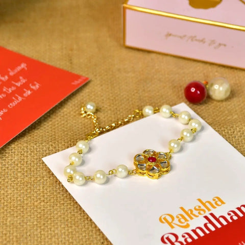 Sowpeace Exquisite Pearl Rakhi Pack of 1 with Roli Chawal and Greeting card combo for Raksha Bandhan and Gifting