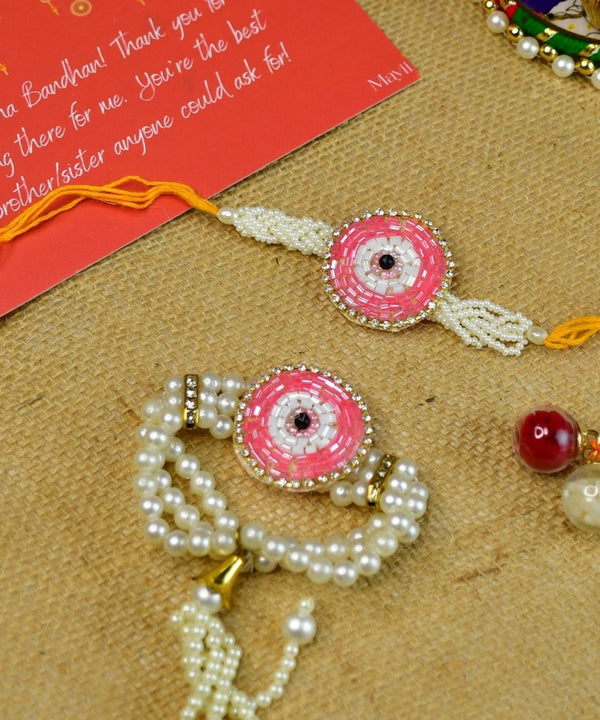 Sowpeace Exquisite Pink Circle Rakhi Pack of 2 with Roli Chawal and Greeting card combo for Raksha Bandhan and Gifting — main view