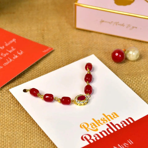 Sowpeace Exquisite Red Beads Rakhi Pack of 1 with Roli Chawal and Greeting card combo for Raksha Bandhan and Gifting