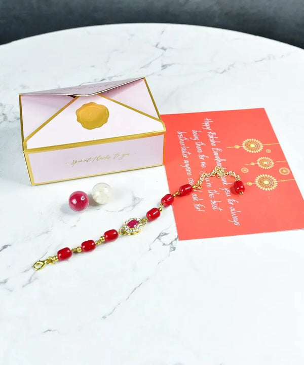 Sowpeace Exquisite Red Beads Rakhi Pack of 1 with Roli Chawal and Greeting card combo for Raksha Bandhan and Gifting — main view