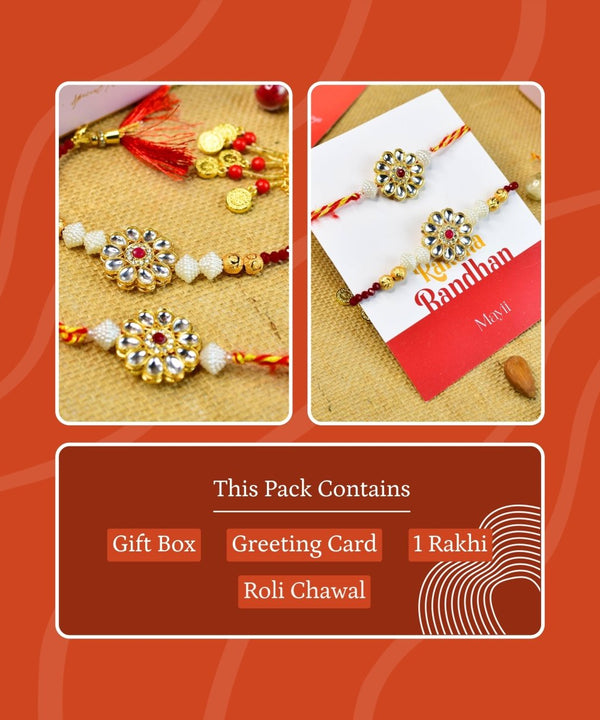 Sowpeace Exquisite Red Centre Flower Rakhi Pack of 2 with Roli Chawal and Greeting card combo for Raksha Bandhan and Gifting — main view