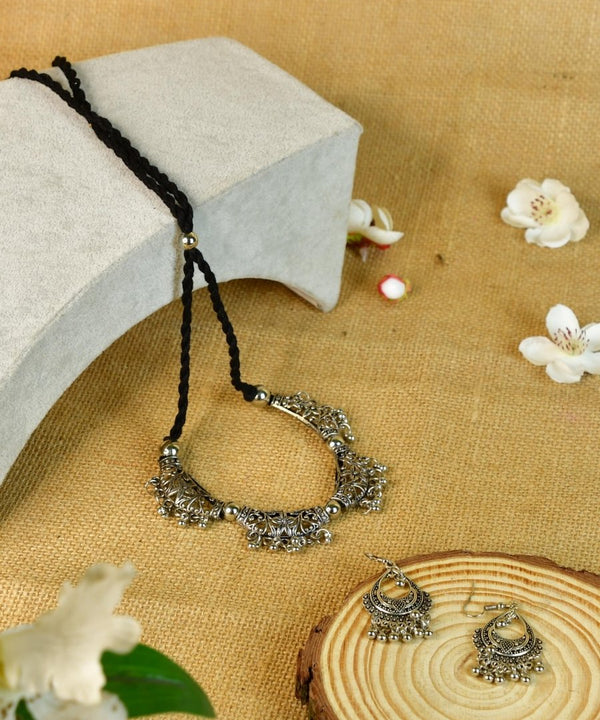 Sowpeace German Silver Choker: Floral Trapeziums & Water Drop Earrings — main view