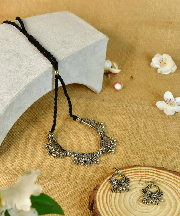 Sowpeace German Silver Choker: Floral Trapeziums & Water Drop Earrings — main view
