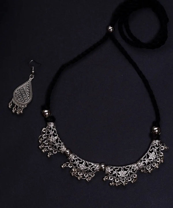 Sowpeace German Silver Choker: Floral Trapeziums & Water Drop Earrings — image 4