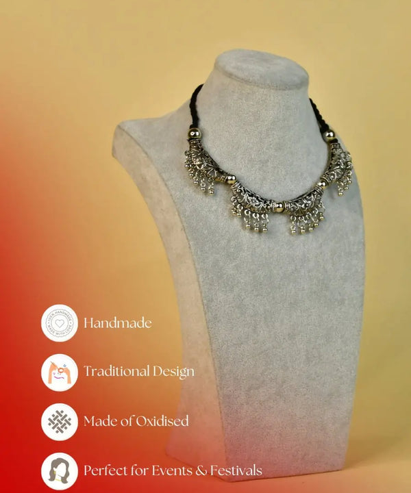 Sowpeace German Silver Choker: Floral Trapeziums & Water Drop Earrings — image 6