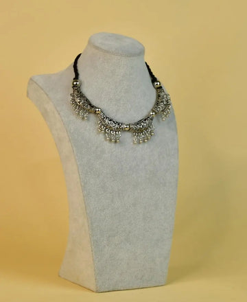 Sowpeace German Silver Choker: Floral Trapeziums & Water Drop Earrings — alternate view