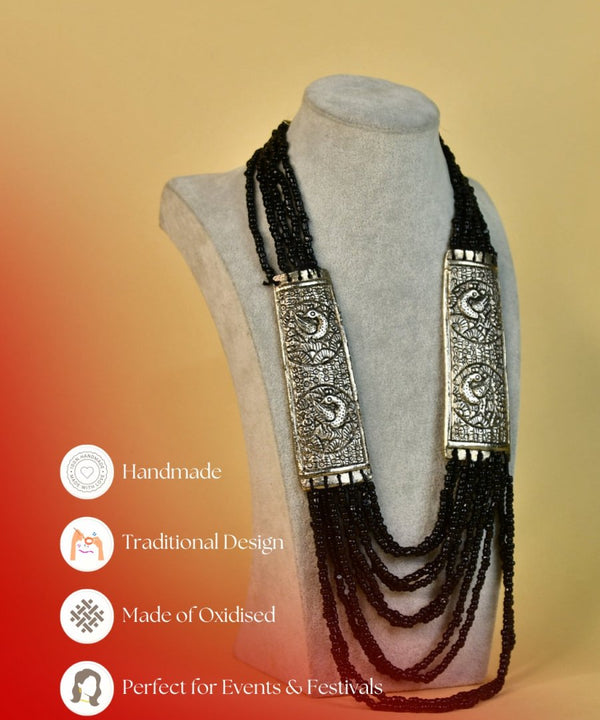 Sowpeace German Silver Necklace: Peacock Art on Metal with Black Beads — image 7