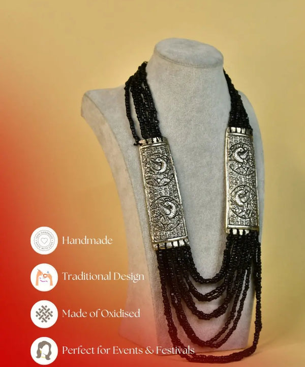 Sowpeace German Silver Necklace: Peacock Art on Metal with Black Beads — image 7