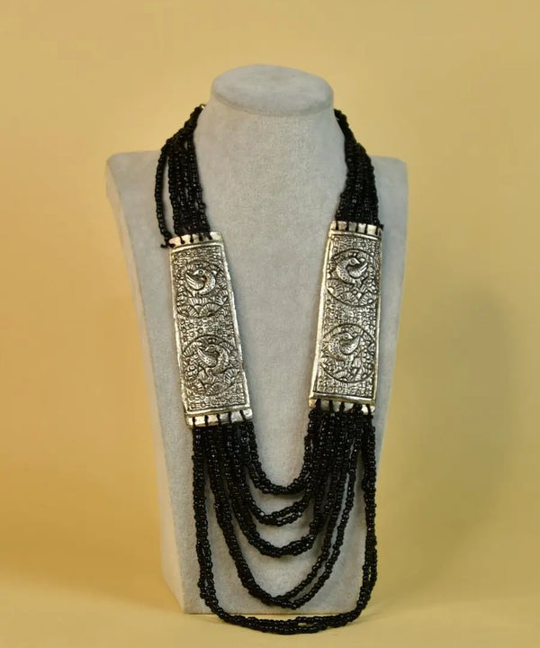 Sowpeace German Silver Necklace: Peacock Art on Metal with Black Beads — image 5