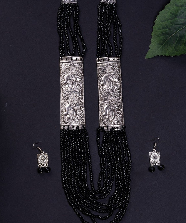 Sowpeace German Silver Necklace: Peacock Art on Metal with Black Beads — image 3