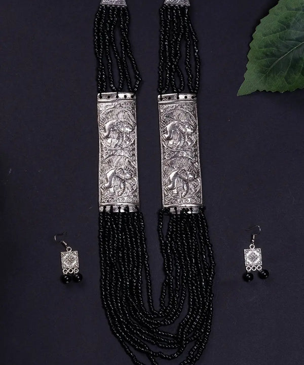 Sowpeace German Silver Necklace: Peacock Art on Metal with Black Beads — image 3