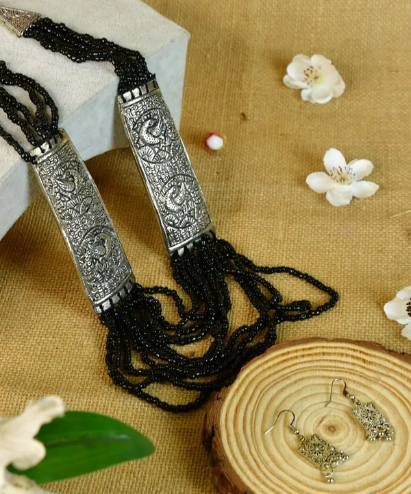 Sowpeace German Silver Necklace: Peacock Art on Metal with Black Beads — image 2