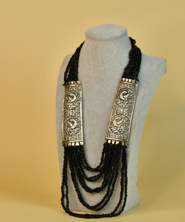 Sowpeace German Silver Necklace: Peacock Art on Metal with Black Beads — image 4