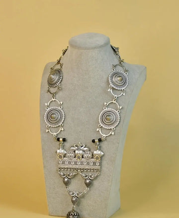 Sowpeace German Silver Necklace: Peacock & Floral Square Pendant — alternate view