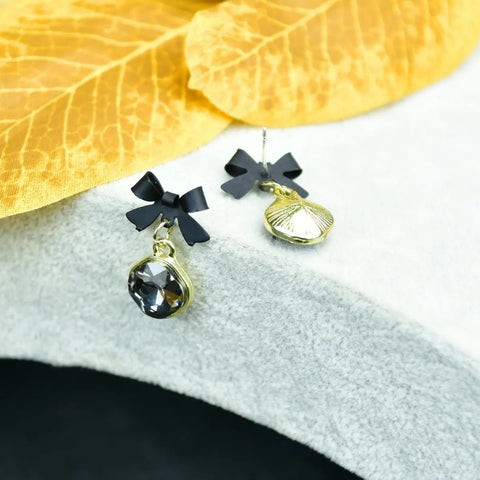 Sowpeace Gold Black Stainless Steel Crystal Ribbon Earrings | Elegant One‑Size Lightweight Jewelry for Women & Daily Wear