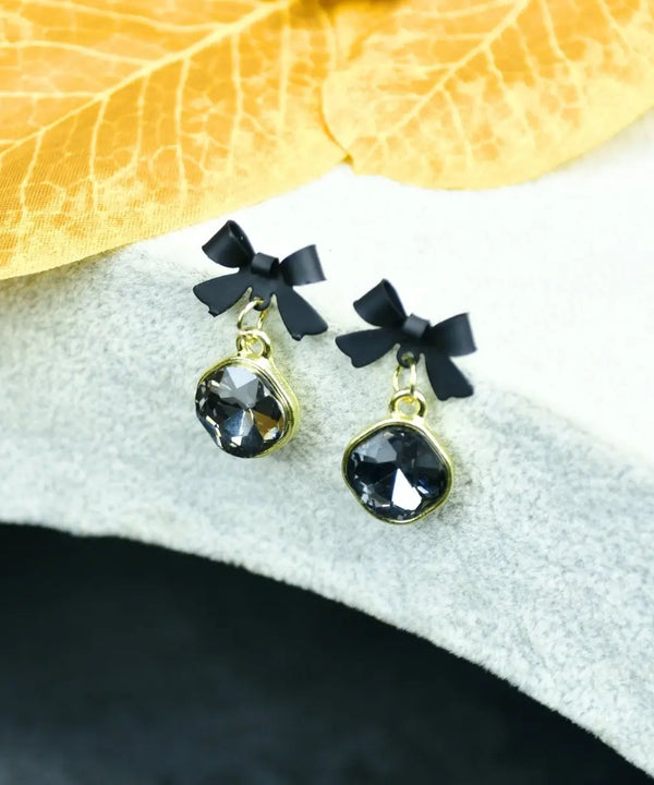 Sowpeace Gold Black Stainless Steel Crystal Ribbon Earrings | Elegant One‑Size Lightweight Jewelry for Women & Daily Wear — main view